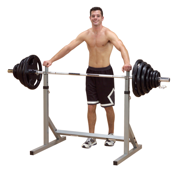 Powerline Squat Rack con pesa olimpica junto a usuario