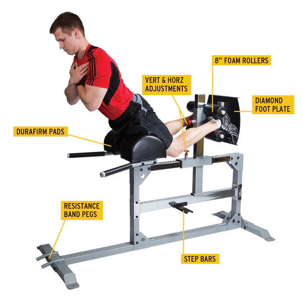 Maquina para gluteos y muslos de Body-solid, vista general lateral con ejemplo de ejercicios y caracteristicas de la máquina