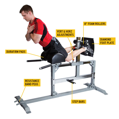 Maquina para gluteos y muslos de Body-solid, vista general lateral con ejemplo de ejercicios y caracteristicas de la máquina