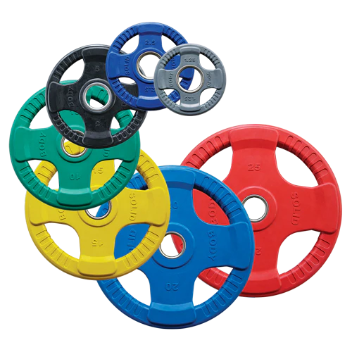 Discos olímpicos com 4 punhos de borracha coloridos